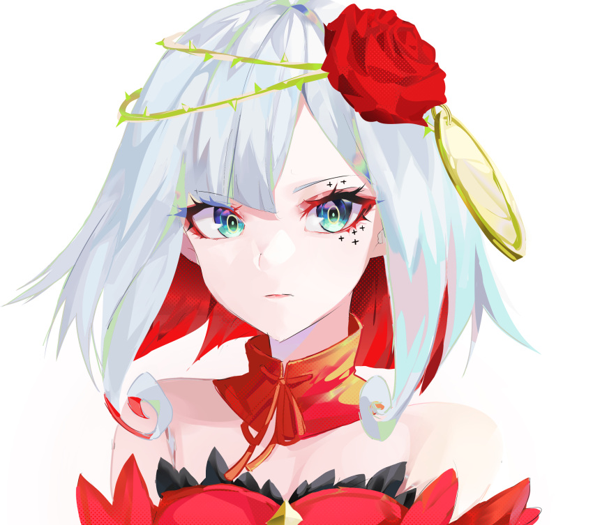 aqua_eyes bad_id bad_pixiv_id breasts cleavage closed_mouth commentary cosette_schneider crown_of_thorns destiny_(takt_op.) detached_collar detached_sleeves eyeshadow facial_mark feather_trim female flower highres looking_at_viewer makeup mikaduki_3636 multicolored_hair red_eyeshadow red_flower red_hair red_rose rose short_hair simple_background small_breasts solo takt_op. thorns two-tone_hair upper_body white_background white_hair