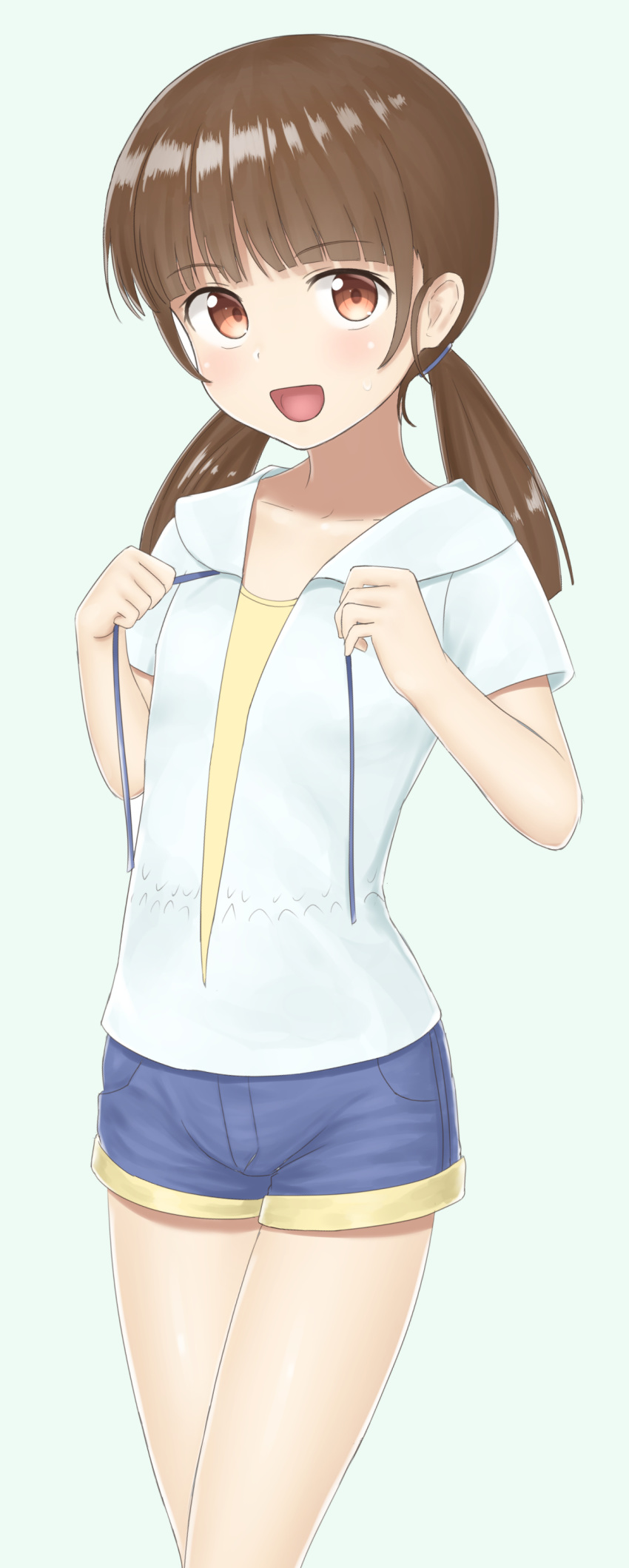 :d absurdres blue_shorts blush brown_eyes brown_hair collarbone commentary_request female gokou_hinata green_background hair_tie highres holding looking_at_viewer open_mouth ore_no_imouto_ga_konna_ni_kawaii_wake_ga_nai sc_naru short_sleeves shorts smile solo tongue twintails