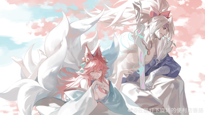 1boy absurdres ahri_(league_of_legends) animal_ears arm_tattoo artist_name bandaged_arm bandaged_hand bandages beard bell blue_eyes breasts cherry_blossoms cleavage cloud detached_sleeves eteru facial_hair facial_mark female fox_ears fox_girl fox_tail hair_between_eyes highres jewelry katana league_of_legends long_hair moustache multiple_tails muscular muscular_male necklace official_alternate_costume official_alternate_hairstyle outdoors pink_hair ponytail sidelocks sky smile spirit_blossom_(league_of_legends) spirit_blossom_ahri spirit_blossom_yasuo sword tail tattoo weapon whisker_markings white_hair wide_sleeves yasuo_(league_of_legends)