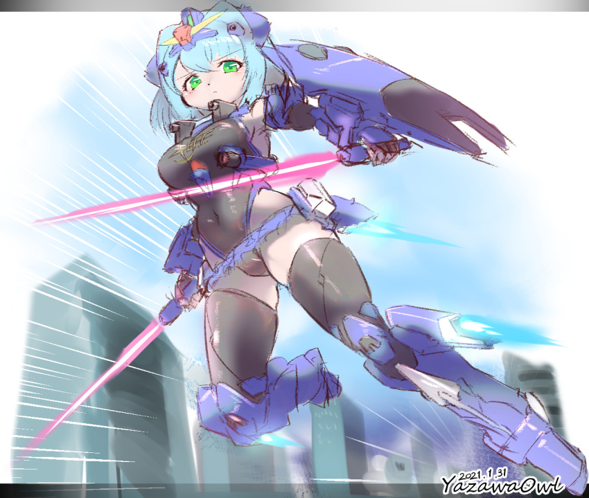 beam_saber blue_destiny_02 blue_hair breasts covered_navel dual_wielding female floating green_eyes gundam gundam_side_story:_the_blue_destiny holding holding_sword holding_weapon humanization leotard looking_down mecha_musume medium_breasts microskirt science_fiction shield short_hair skin_tight skirt solo sword thighhighs v-fin v-shaped_eyebrows weapon yazawa_owl