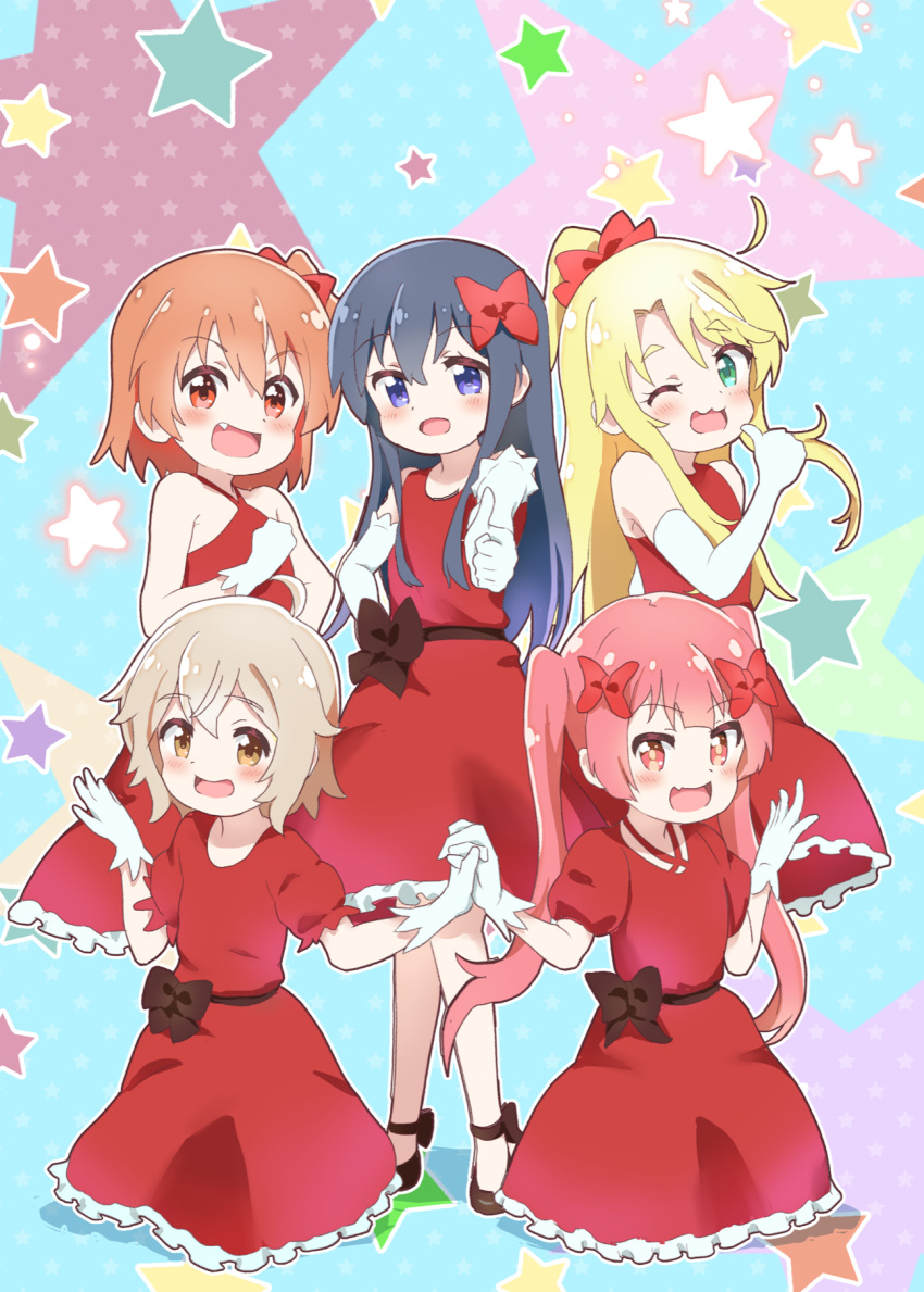 5girls :3 :d ;d aayh black_bow black_hair blonde_hair blue_background blue_eyes blush bow brown_eyes brown_hair commentary_request dress elbow_gloves gloves green_eyes hair_between_eyes hairbow happy_happy_friends highres himesaka_noa holding_hands hoshino_hinata interlocked_fingers konomori_kanon long_hair multiple_girls oerba_yun_fang one_eye_closed one_side_up open_mouth ponytail puffy_short_sleeves puffy_sleeves red_bow red_dress red_eyes shirosaki_hana short_sleeves sleeveless sleeveless_dress smile starry_background tanemura_koyori thumbs_up twintails very_long_hair watashi_ni_tenshi_ga_maiorita! white_gloves