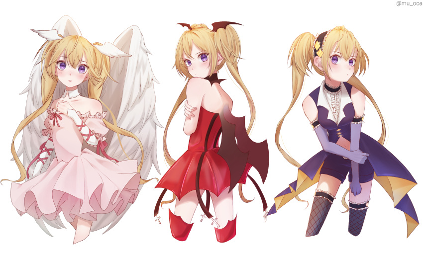 3girls angel_wings black_choker black_headwear black_shorts blonde_hair choker dark_jewel demon_wings diamond_hair_ornament dress feathered_wings fishnet_thighhighs fishnets gloves head_wings highres hoshina_utau long_hair long_sleeves looking_at_viewer looking_back lunatic_charm mu_ooa multiple_girls multiple_persona pink_dress pink_ribbon purple_eyes purple_gloves purple_shirt red_dress ribbon seraphic_charm shirt shorts shugo_chara! thighhighs twintails twitter_username white_background wings