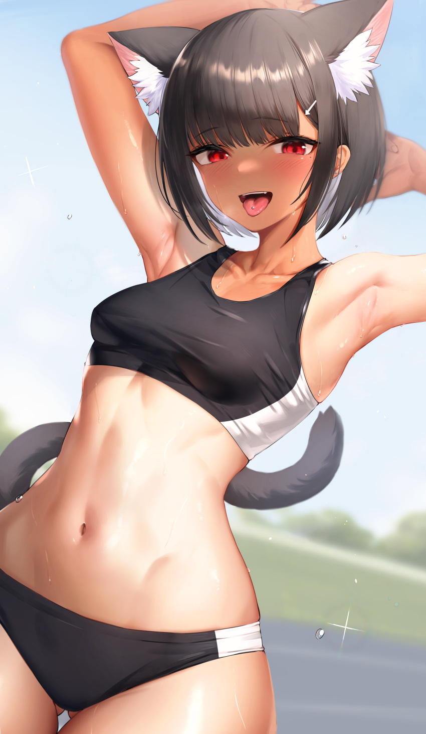 absurdres animal_ear_fluff animal_ears armpits arms_up black_buruma black_hair black_sports_bra breasts buruma commentary_request cowboy_shot dark-skinned_female dark_skin dutch_angle extra_ears female highres looking_at_viewer mathew_(srmmk_mce) medium_breasts navel open_mouth original piercing red_eyes short_hair solo sports_bra standing stomach sweat tail tail_raised tongue tongue_out tongue_piercing