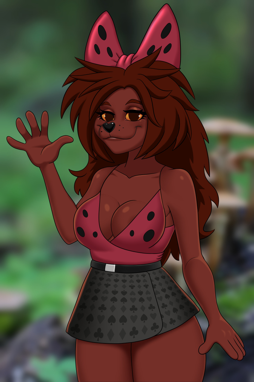 absurd_res amiliya anthro black_eyes bottomwear breasts brown_body cleavage clothed clothing duduka duduka_barbidockskaya dyudyuka dyudyuka_barbidokskaya ekran female hair half-closed_eyes hi_res long_hair looking_at_viewer metalslayer miniskirt narrowed_eyes russian shape_shifter skirt solo soviet_cartoon unknown_species villian wide_hips yellow_eyes