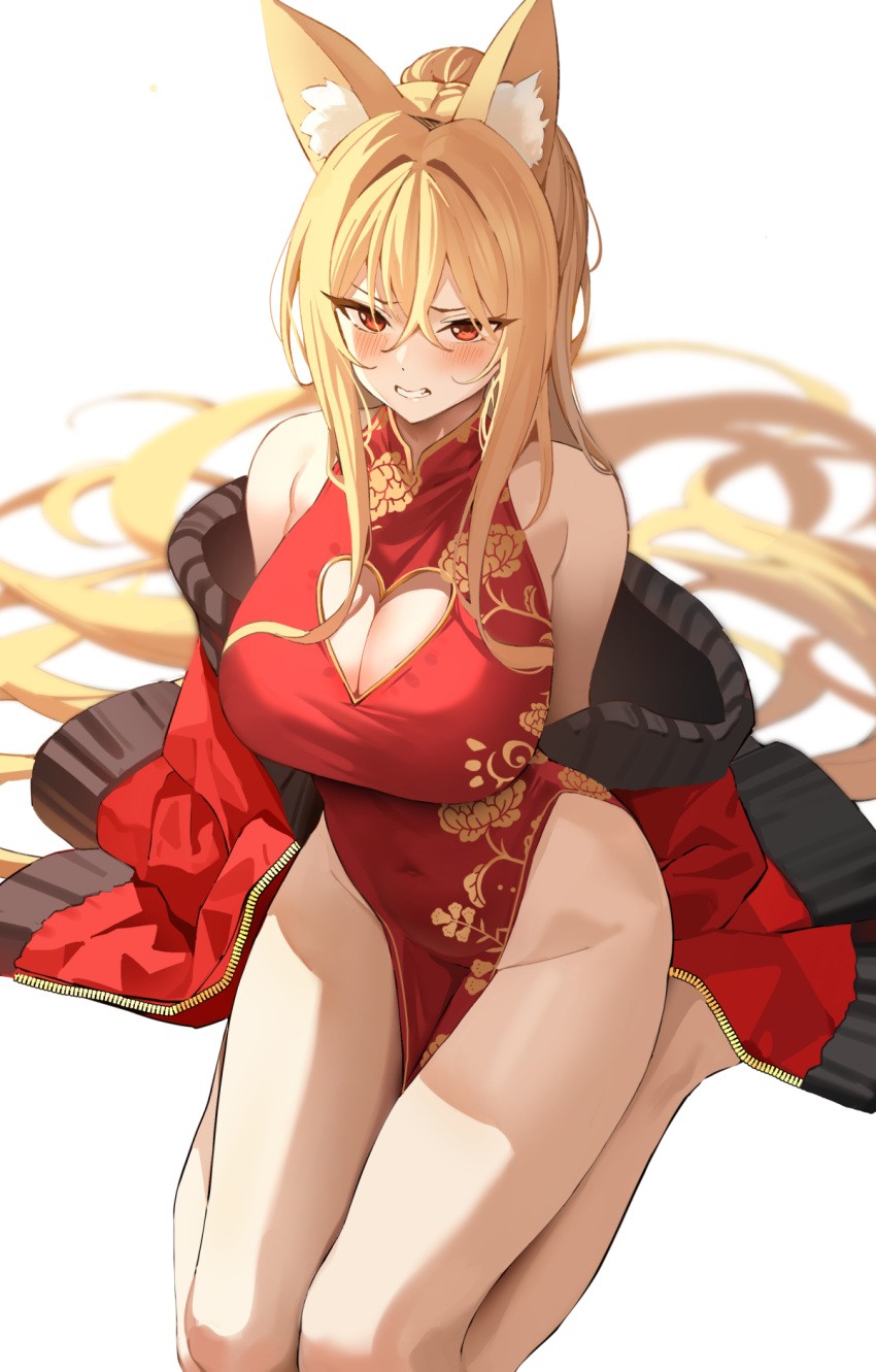 animal_ear_fluff animal_ears bare_legs bare_shoulders blonde_hair breasts china_dress chinese_clothes cleavage cleavage_cutout clenched_teeth clothing_cutout commentary commission covered_navel dress dungeon_and_fighter ellin_meiji english_commentary female fox_ears frown gold_trim heart_cutout highres jacket k_pring large_breasts long_hair long_sleeves looking_at_viewer no_panties off_shoulder open_clothes open_jacket pelvic_curtain ponytail red_dress red_eyes red_jacket seiza simple_background sitting sleeveless sleeveless_dress solo teeth thighs very_long_hair white_background