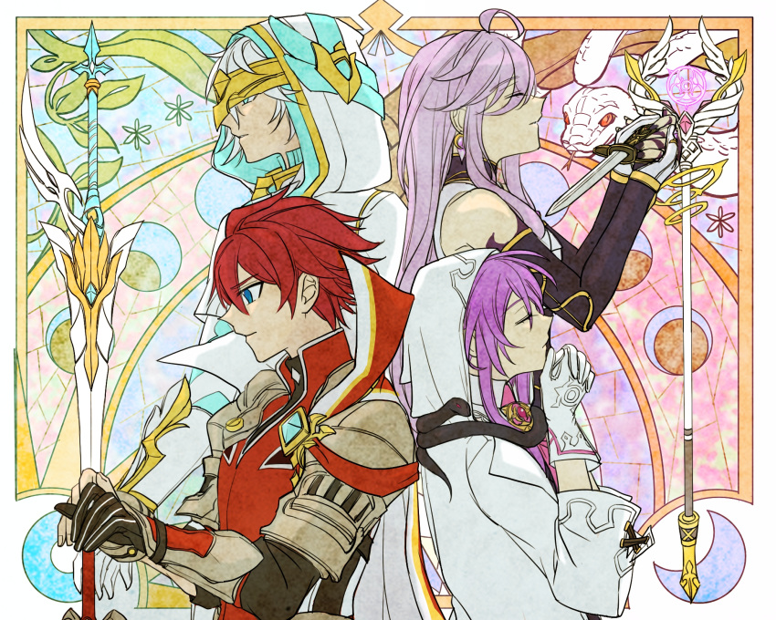 2boys 2girls aether_sage_(elsword) ahoge aisha_landar animal armor back-to-back bare_shoulders black_gloves black_sleeves black_snake blade_to_throat blue_eyes brooch cape chaou61 cloak closed_eyes closed_mouth commentary_request detached_sleeves dual_persona earrings elsword elsword_(character) from_side gauntlets genesis_(elsword) gloves high_collar highres holding holding_knife holding_sword holding_weapon hood hood_up hooded_cloak jewelry knife knight knight_emperor_(elsword) light_purple_hair long_hair long_sleeves lord_azoth_(elsword) mixed-language_commentary moon_(symbol) moon_phases multiple_boys multiple_girls own_hands_together purple_hair red_hair short_hair shoulder_armor sidelocks sleeveless snake staff stained_glass sword very_long_hair weapon white_cape white_cloak white_gloves white_hair white_snake