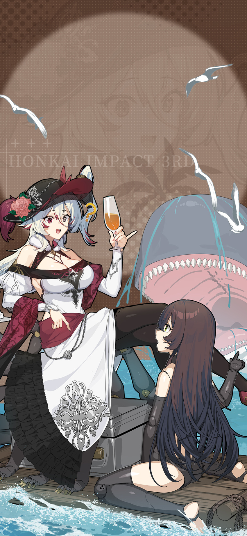 2girls ? bare_shoulders bird black_thighhighs breasts brown_hair carlo_collodi chinese_commentary cleavage closed_mouth commentary_request crossed_legs cup furrowed_brow genderswap_(mtf) hat high_heels highres holding holding_cup honkai_(series) honkai_impact_3rd imminent_death large_breasts long_hair looking_at_another m_legs multiple_girls ocean official_art official_wallpaper on_floor open_mouth pinky_out pinocchio pinocchio_(character) plank pointing rule_63 seagull sitting teeth thighhighs very_long_hair water whale white_hair white_sleeves