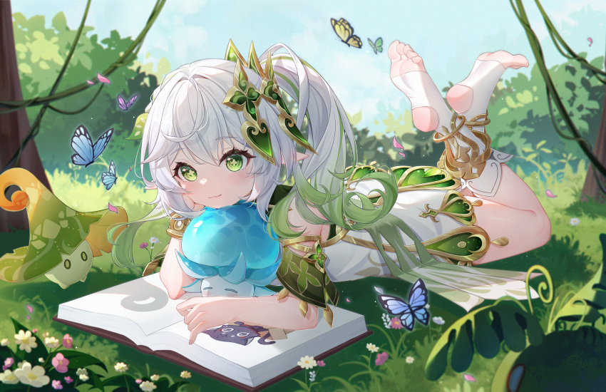 absurdres arm_support blue_sky book box bug butterfly closed_mouth commentary_request creature cross-shaped_pupils day dress feet feet_up female full_body fungi_(genshin_impact) genshin_impact gradient_hair grass green_eyes green_hair green_sleeves hand_on_own_cheek hand_on_own_face highres legs long_hair looking_at_viewer lying multicolored_hair nahida_(genshin_impact) no_shoes on_stomach open_book outdoors plant pointy_ears scaramouche_(cat)_(genshin_impact) scaramouche_(genshin_impact) side_ponytail signature sky slime_(genshin_impact) smile soles solo stirrup_legwear symbol-shaped_pupils the_pose toeless_legwear toes tree tujiu_sama vines white_dress white_hair