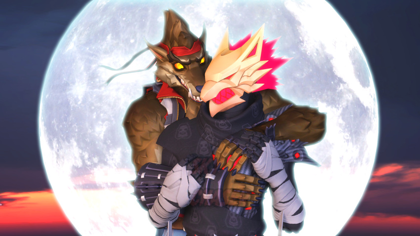 16:9 3d_(artwork) anthro boyfriends burning_wolf_(fortnite) canid canine canis clothing digital_media_(artwork) dire_(fortnite) duo epic_games fortnite hi_res hug male male/male mammal mask moon muscular muscular_male romantic romantic_couple sky sky_chaser source_filmmaker_(artwork) widescreen wolf