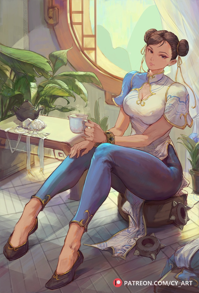 blue_dress blue_leggings bracelet breasts brown_eyes brown_hair china_dress chinese_clothes chun-li cleavage cleavage_cutout clothing_cutout commentary cup cutesexyrobutts_(style) double_bun dress earrings english_text eyeshadow female flats full_body hair_bun highres holding holding_cup indoors jewelry leggings looking_at_viewer makeup paid_reward_available parted_bangs patreon_logo plant short_sleeves sitting solo street_fighter street_fighter_6 teapot thick_thighs thighs watermark web_address window yang_chen_(lee5)