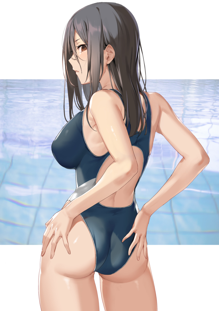 armpits ass back_cutout banned_artist bare_arms bare_shoulders black_hair blue_swimsuit breasts brown_eyes competition_swimsuit cowboy_shot female hands_on_own_ass highres ikomochi large_breasts long_hair looking_at_viewer looking_back one-piece_swimsuit original parted_lips profile solo standing swimsuit thighs water