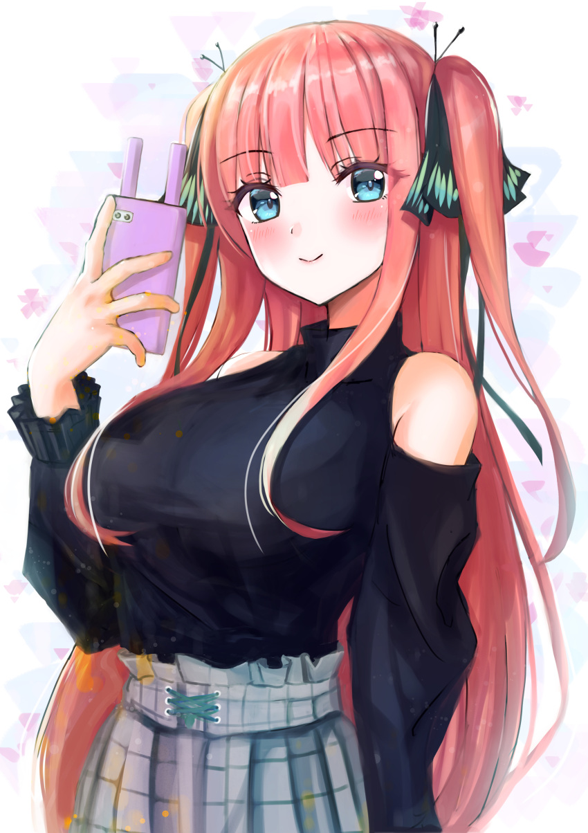 absurdres bare_shoulders black_ribbon black_shirt blue_eyes blunt_bangs blush breasts butterfly_hair_ornament cellphone female frilled_sleeves frills go-toubun_no_hanayome grey_skirt hair_ornament high-waist_skirt highres hime_cut holding holding_phone large_breasts long_hair looking_at_viewer nakano_nino petals phone pink_hair rei_(ilust9999) ribbon shirt simple_background skirt smartphone smile two_side_up