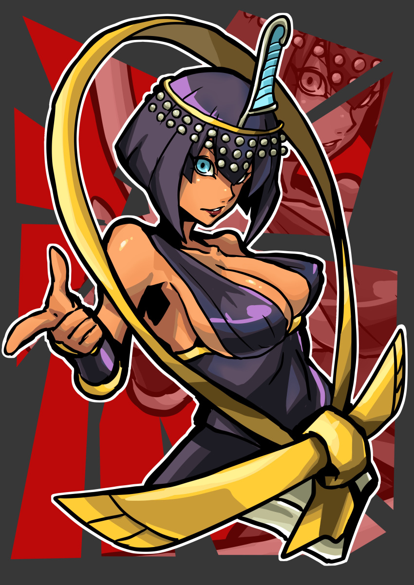 absurdres black_hair blue_eyes breasts cleavage eliza_(skullgirls) female headpiece highres looking_at_viewer pointing popopopopo_0101 short_hair skullgirls solo upper_body zoom_layer