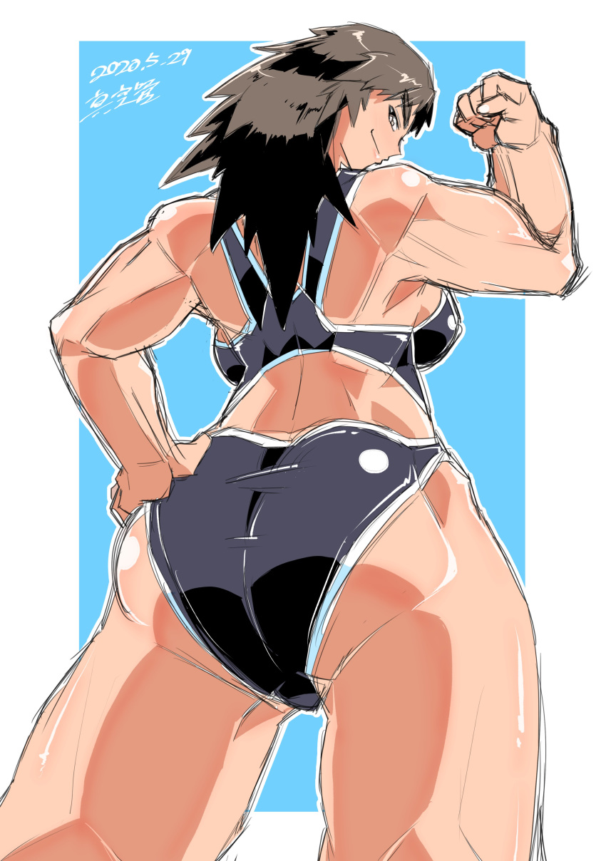 absurdres back bikini black_hair blue_background female flexing girls_und_panzer girls_und_panzer_saishuushou highres long_hair looking_back meat_day murakami_(girls_und_panzer) one-hour_drawing_challenge pose shinkuukan_(tetsuo3) solo swimsuit