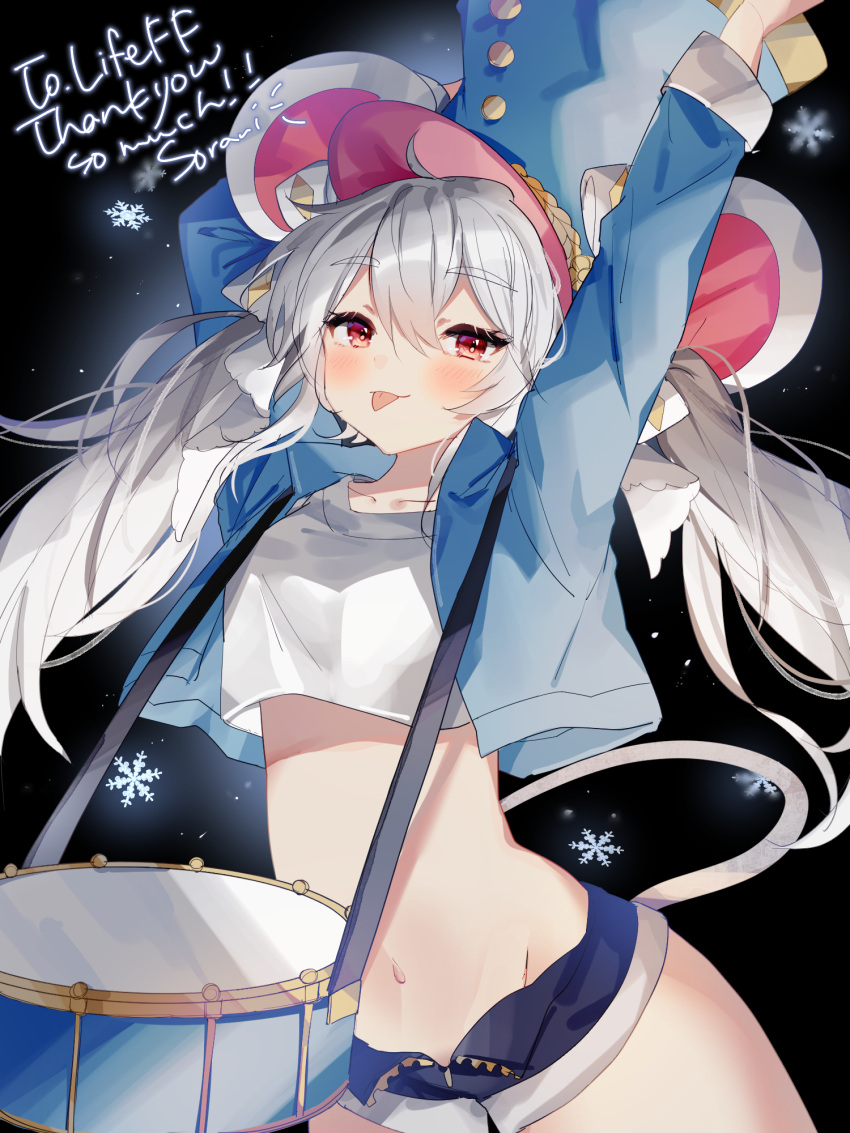 animal_ears arms_up blue_hat blue_jacket blue_shorts commission cowboy_shot crop_top crop_top_overhang cropped_jacket drum dungeon_and_fighter female grey_hair hat highres instrument jacket lifeff long_hair long_sleeves looking_at_viewer micro_shorts midriff mouse_ears mouse_girl mouse_tail navel open_clothes open_fly open_jacket red_eyes revealing_clothes second-party_source shako_cap shirt short_shorts shorts smile solo sorani_(kaeru0768) stomach tail thighs tongue tongue_out twintails white_shirt