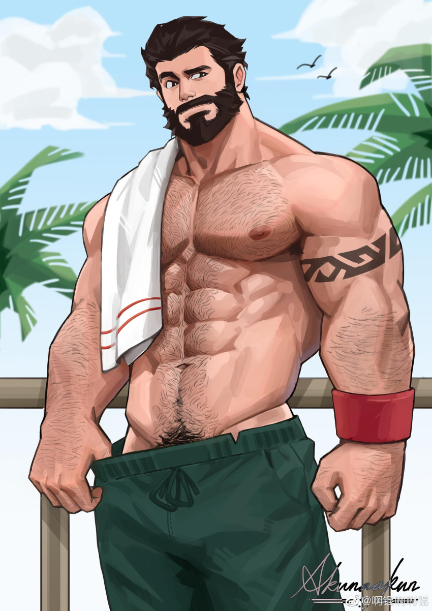 1boy abs absurdres akunaakun_(kunkun586586) arm_hair arm_tattoo artist_name bara beard black_hair chest_hair cloud day facial_hair graves_(league_of_legends) green_male_swimwear hairy highres large_pectorals league_of_legends male_focus male_pubic_hair male_swimwear male_swimwear_pull mature_male muscular muscular_male navel_hair official_alternate_costume outdoors pectorals pool_party_graves pubic_hair pulling_own_clothes short_hair sky solo tattoo topless_male towel towel_on_one_shoulder wristband