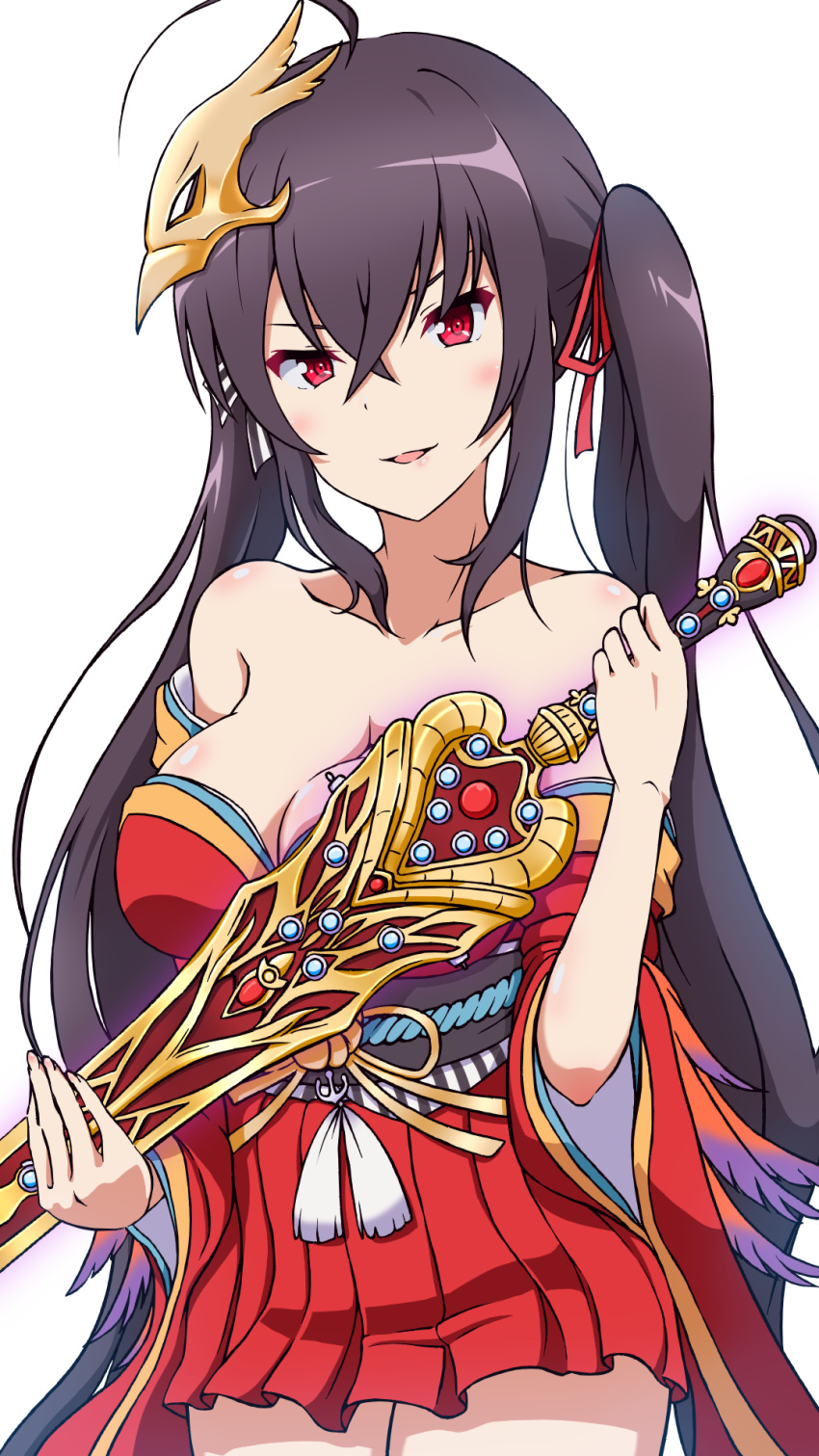 azur_lane bare_shoulders betelbear black_hair breasts chaos_dragon cleavage crossover female highres holding japanese_clothes kimono large_breasts long_hair looking_at_viewer off_shoulder qisha_tianling red_eyes simple_background sword taihou_(azur_lane) transparent_background twintails weapon