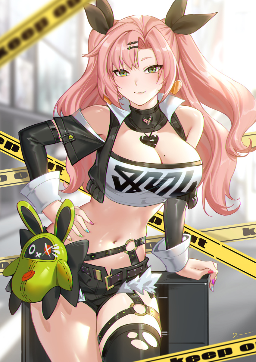 :3 arm_support bangboo_(zenless_zone_zero) bare_shoulders black_jacket black_ribbon black_shorts black_thighhighs blue_nails blurry blurry_background breasts cleavage commentary cowboy_shot crop_top cropped_jacket earrings female green_eyes green_nails hair_ribbon hand_on_own_hip heart heart_earrings highres jacket jewelry large_breasts linreplica long_hair long_sleeves looking_at_viewer micro_shorts midriff mole mole_on_breast mole_under_eye nail_polish navel nicole_demara open_clothes open_jacket pink_hair pink_nails red_nails ribbon shorts single_thighhigh smile solo standing stomach strapless thighhighs thighs tube_top two_side_up zenless_zone_zero