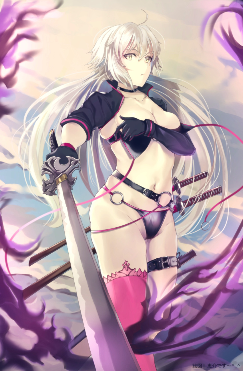 absurdres ahoge bikini black_bikini black_choker black_gloves black_jacket bra breasts choker cleavage cropped_jacket fate/grand_order fate_(series) female fire gloves highres holding holding_bra holding_clothes holding_underwear jacket jeanne_d'arc_alter_(fate) jeanne_d'arc_alter_(swimsuit_berserker)_(fate) katana keisuke_desu~ long_hair multiple_swords navel o-ring o-ring_bikini o-ring_bottom o-ring_top purple_fire red_thighhighs shrug_(clothing) single_thighhigh solo swimsuit sword thighhighs thighs underwear very_long_hair wardrobe_malfunction weapon white_hair yellow_eyes