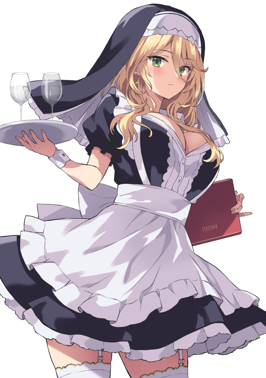 alternate_costume apron black_dress blonde_hair blush breasts cleavage coif commentary cup dress drinking_glass earrings engage_kiss enmaided expressionless female fingernails frilled_dress frills garter_straps green_eyes hair_between_eyes highres holding holding_menu holding_tray jewelry large_breasts long_hair looking_at_viewer maid maid_apron menu nail_polish nun pink_nails puffy_short_sleeves puffy_sleeves rasahan sharon_holygrail short_sleeves simple_background single_earring solo thighhighs tray white_apron white_background white_thighhighs wrist_cuffs zettai_ryouiki