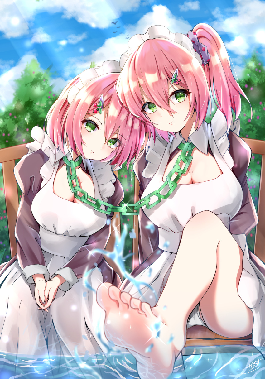 2girls absurdres apron barefoot bound_together breasts chains cleavage closed_mouth cloud dress green_eyes hair_between_eyes hair_ornament hairclip highres large_breasts leg_up legs linked_collar looking_at_viewer maid maid_headdress medium_hair multiple_girls original outdoors panties pantyshot pink_hair short_hair siblings side_ponytail sisters sky smile soles takemura_kou thighs toes underwear water water_drop white_panties