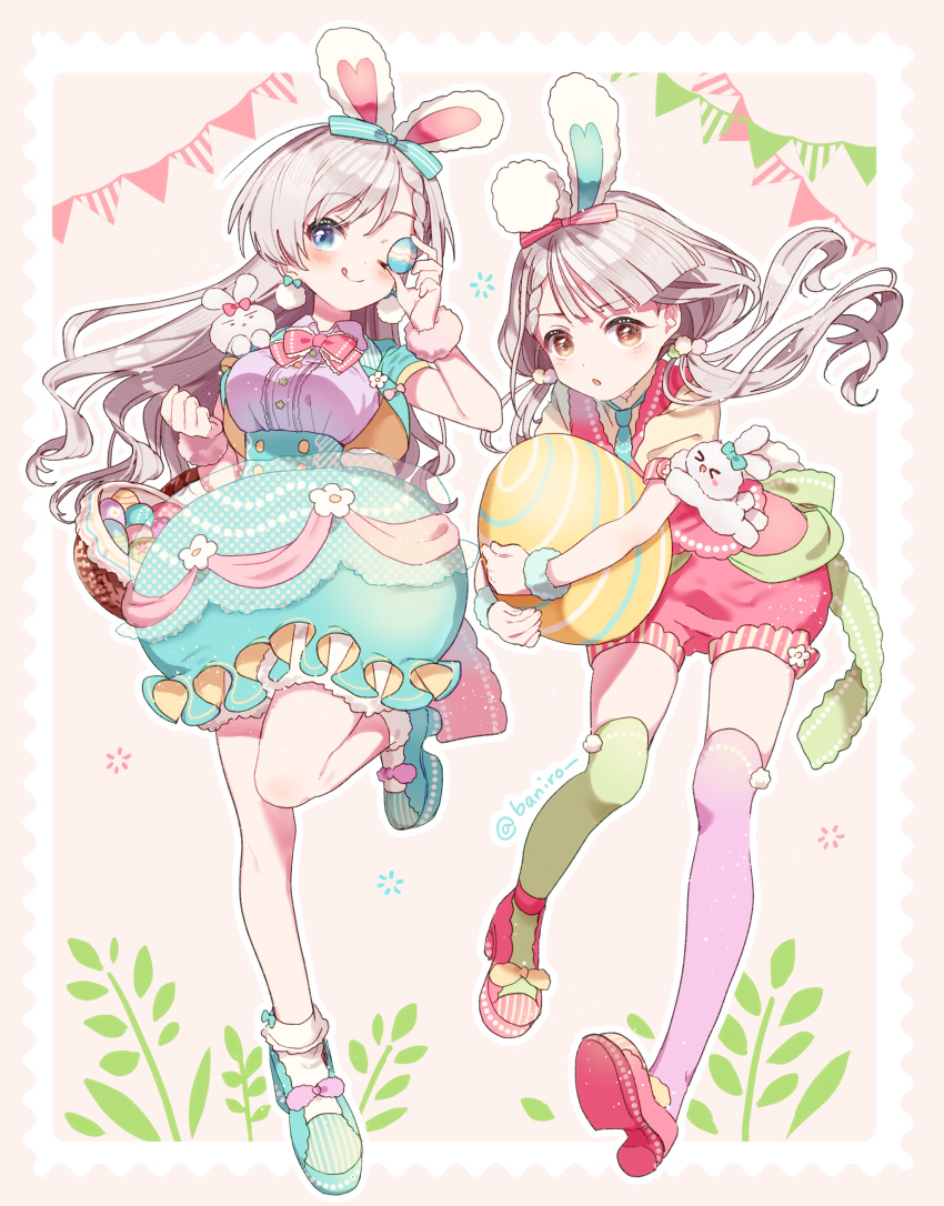 2girls :o ;) absurdres animal_ears asymmetrical_legwear bad_id bad_pixiv_id banirou basket blue_eyes blue_footwear bobby_socks bow bowtie braid brown_eyes center_frills clenched_hands closed_mouth commentary easter easter_egg egg fake_animal_ears frills fur_cuffs green_legwear green_necktie green_skirt grey_hair high-waist_skirt highres hisakawa_hayate hisakawa_nagi holding idolmaster idolmaster_cinderella_girls leaning_forward leg_up licking_lips light_frown long_hair looking_at_viewer low_twintails medium_skirt mismatched_legwear multiple_girls necktie one_eye_closed open_mouth outside_border over-kneehighs oversized_object pink_bow pink_bowtie pink_footwear pink_shorts purple_legwear purple_shirt rabbit_ears shirt shoes short_sleeves shorts siblings side-by-side sisters skirt smile socks standing standing_on_one_leg string_of_flags stuffed_animal stuffed_rabbit stuffed_toy thighhighs tongue tongue_out twins twintails twitter_username white_legwear yellow_shirt