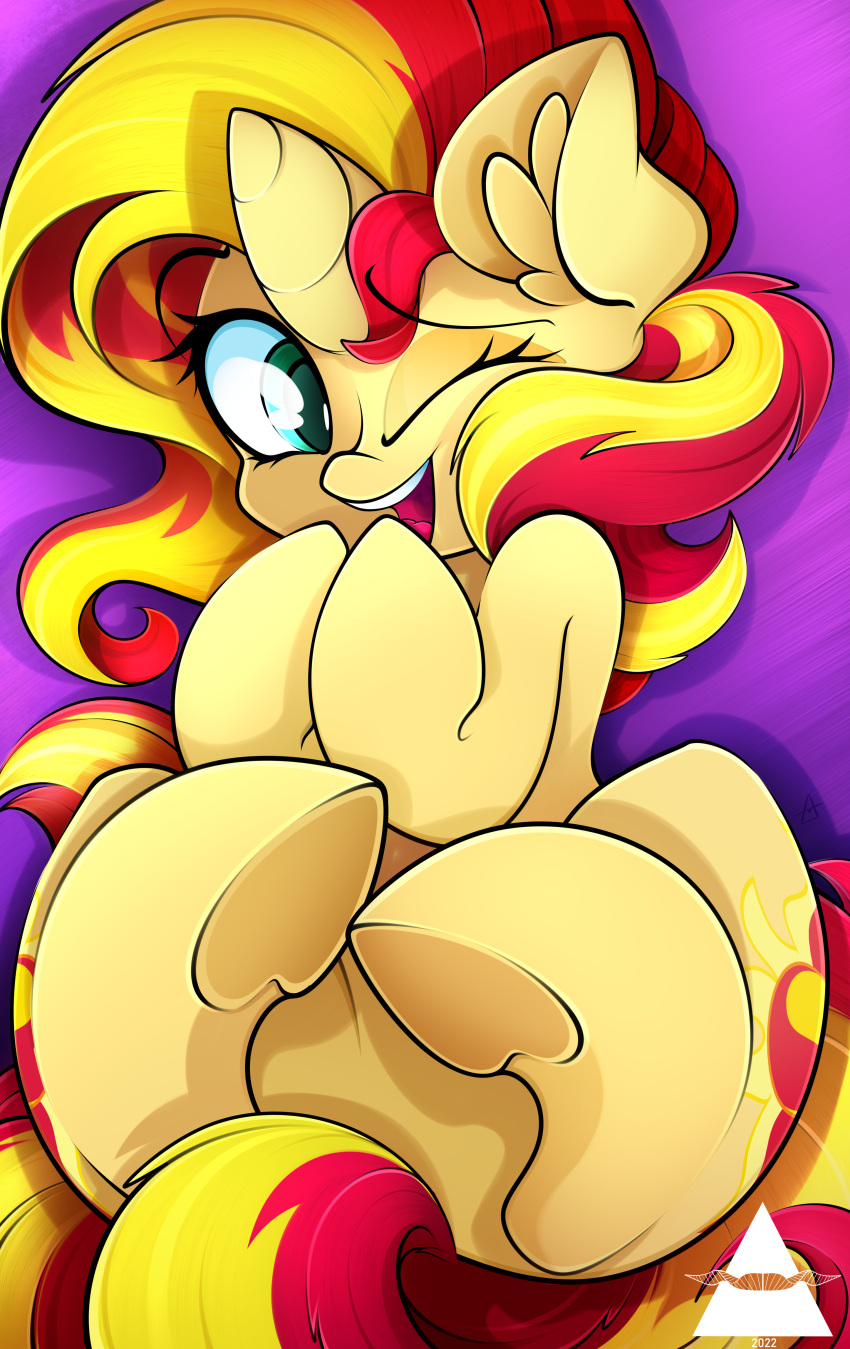 absurd_res ahekao cutie_mark equestria_girls equid equine female feral green_eyes hair happy hasbro hi_res hooves horn inner_ear_fluff mammal multicolored_hair my_little_pony mythological_creature mythological_equine mythology one_eye_closed open_mouth open_smile smile solo sunset_shimmer_(eg) tuft two_tone_hair two_tone_tail unicorn unicorn_horn wink