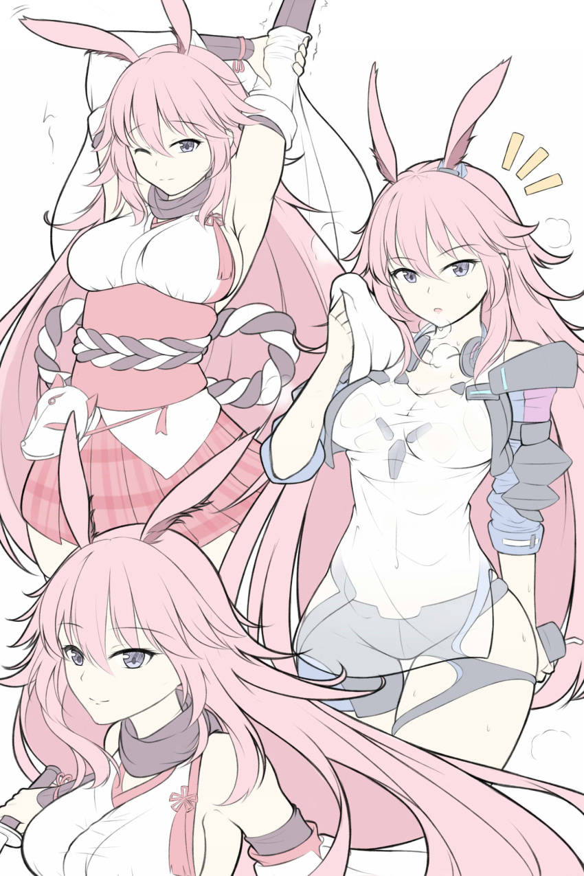 3girls :o animal_ears armpits arms_behind_head bare_shoulders breasts cleavage closed_mouth flat_color fox_ears fox_mask guardian-panda headphones headphones_around_neck highres holding holding_sword holding_towel holding_weapon honkai_(series) honkai_impact_3rd jacket japanese_clothes katana long_hair looking_at_viewer mask miko multiple_girls multiple_views one_eye_closed open_clothes open_jacket open_mouth pink_hair pink_skirt purple_eyes see-through see-through_shirt shirt sideboob simple_background skirt sleeveless smile stretching sweat sword towel weapon wet wet_clothes white_background yae_sakura yae_sakura_(goushinnso_memento) yae_sakura_(gyakushinn_miko)