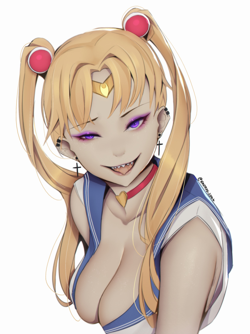 absurdres artist_name bishoujo_senshi_sailor_moon bishoujo_senshi_sailor_moon_s blonde_hair blue_choker blue_sailor_collar breasts choker cleavage commentary cross ear_piercing earrings eyeshadow female hair_ornament highres jewelry large_breasts liya_nikorov long_hair looking_at_viewer makeup meme parted_bangs photoshop_(medium) piercing purple_eyes sailor_collar sailor_moon sailor_moon_redraw_challenge_(meme) sailor_senshi_uniform sharp_teeth short_sleeves simple_background solo teeth tongue tsukino_usagi twintails upper_body upper_teeth_only white_background