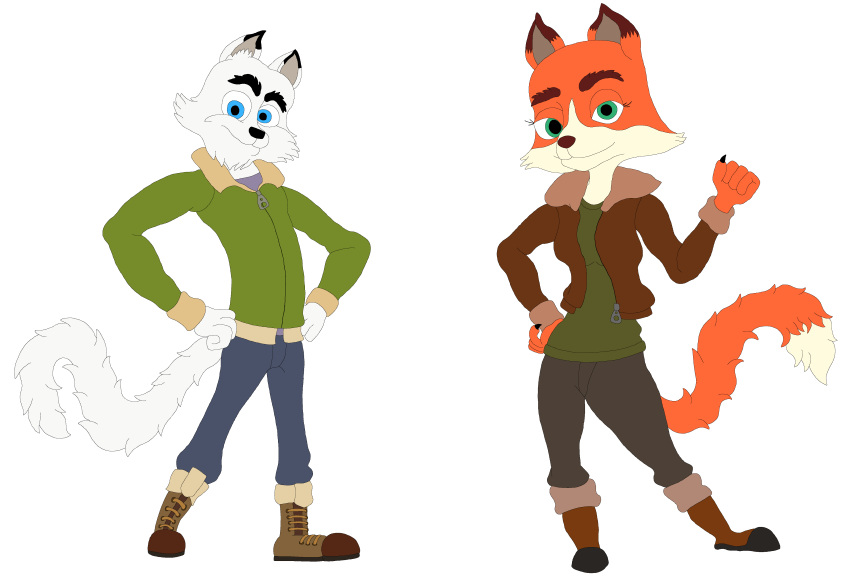 absurd_res anthro arctic_dogs arctic_fox blue_eyes boots canid canine clothing darkbolt duo female footwear fox fur green_eyes hi_res jacket jade_(arctic_dogs) male mammal orange_body orange_fur red_fox swifty_(arctic_dogs) topwear true_fox white_body white_fur