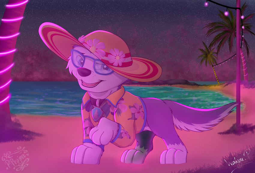 beach bottomless bottomless_female canid canine canis chocky25 clothed clothing collar domestic_dog emblem everest_(paw_patrol) eyewear fangs female feral glasses hat headgear headwear hi_res husky looking_at_viewer mammal night nordic_sled_dog palm_tree paw_patrol plant seaside shirt smile solo spitz star teeth tongue topwear tree water