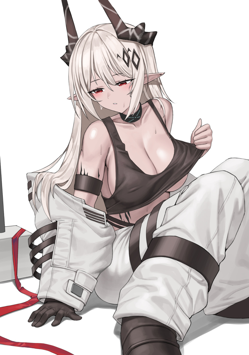 arknights armband bare_shoulders black_choker black_gloves black_horns black_tank_top breasts choker cleavage collarbone commentary female gloves hammer highres horns knees_up large_breasts long_hair material_growth midriff mudrock_(arknights) mudrock_(elite_ii)_(arknights) oripathy_lesion_(arknights) paid_reward_available parted_lips pointy_ears red_eyes siguya simple_background single_glove sitting solo tank_top very_long_hair weapon white_background white_hair