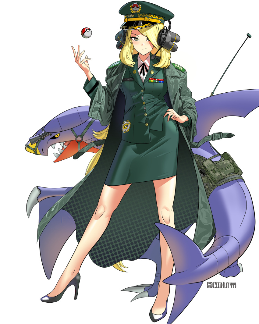 absurdres alternate_costume antennae artist_name blonde_hair camouflage camouflage_jacket choinut999 closed_mouth coat contrapposto cynthia_(pokemon) female full_body garchomp green_jacket green_shirt green_skirt grey_eyes hair_ornament hand_on_own_hip hat headgear headset high_heels highres jacket korean_commentary legs long_hair looking_at_viewer military military_hat military_jacket military_uniform poke_ball poke_ball_(basic) pokemon pokemon_(creature) pokemon_dppt shirt simple_background skirt standing throwing_poke_ball trench_coat uniform very_long_hair white_background