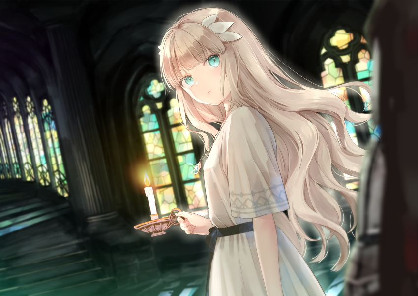 absurdres akasaka_asa aqua_eyes blunt_bangs blurry blurry_foreground candle dress ender_lilies_quietus_of_the_knights female hair_ribbon highres holding indoors light_brown_hair lily_(ender_lilies) long_hair looking_at_viewer ribbon short_sleeves solo_focus stairs very_long_hair white_dress