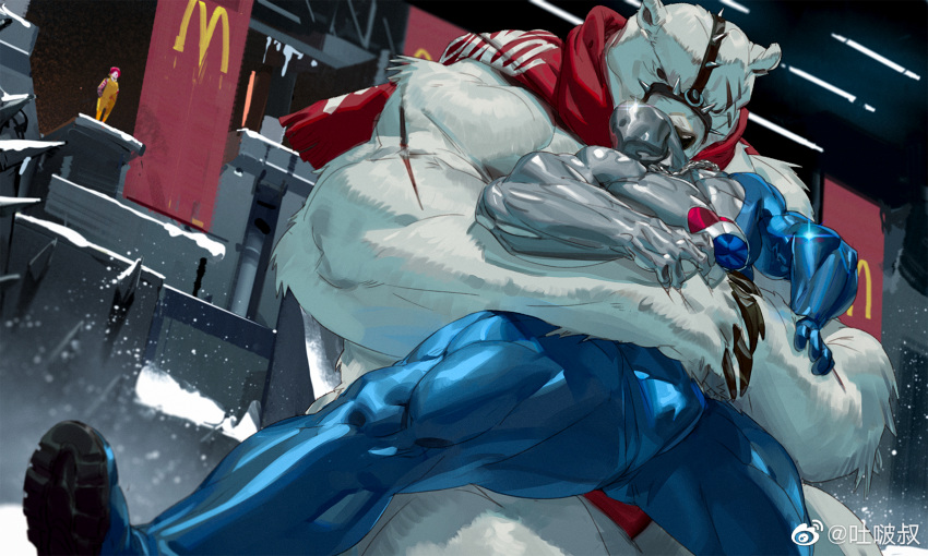 3boys bara bear_boy bulge cloak coca-cola coca-cola_polar_bear feet_out_of_frame from_below furry furry_male highres humanization large_pectorals male_focus mcdonald's multiple_boys muscular muscular_male pectorals pepsi pepsiman pepsiman_(game) ronald_mcdonald size_difference thick_thighs thighs tooboshoo wrestling