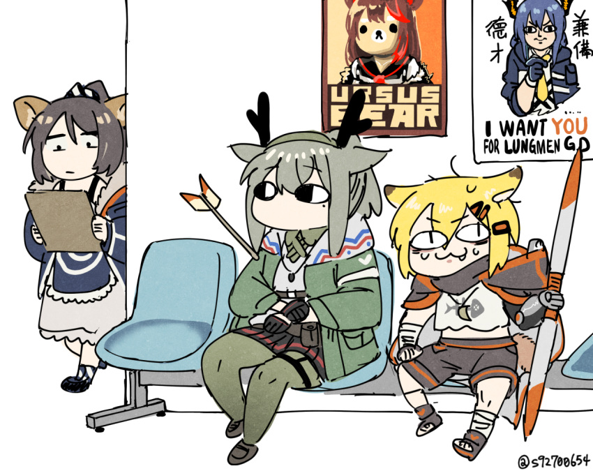 3girls animal_ears antlers arknights arrow_(projectile) arrow_in_body black_footwear black_gloves blonde_hair blue_hair brown_hair ch'en_(arknights) chair commentary_request dress father_shot_by_son_(meme) firewatch_(arknights) fox_ears fox_girl full_body fur_trim gloves green_legwear grey_hair hair_between_eyes hairband holding horns i_want_you jacket lemon_raimu long_hair long_sleeves meme mole mole_under_eye multicolored_hair multiple_girls necktie open_clothes pantyhose parody perfumer_(arknights) poster_(object) red_hair reindeer_antlers rilakkuma sailor_collar san-x shirt short_hair shorts sidelocks sitting skirt streaked_hair translation_request twitter_username vermeil_(arknights) walking zima_(arknights)