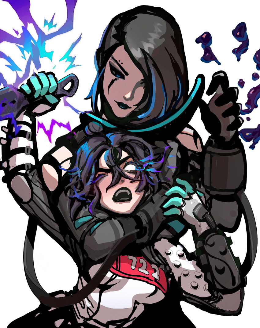 2girls apex_legends black_gloves black_hair blue_eyes blue_hair bodysuit breasts catalyst_(apex_legends) choke_hold english_commentary floating_hair gloves hair_between_eyes hair_bun hair_over_one_eye head_tilt highres holding holding_knife hope's_dusk_(apex_legends) knife kunai looking_down looking_up medium_breasts multicolored_hair multiple_girls official_alternate_costume one_eye_closed one_eye_covered open_hand peter_chai quarantine_722_wraith single_hair_bun solid_eyes strangling streaked_hair weapon white_background white_bodysuit white_eyes white_gloves wraith_(apex_legends)