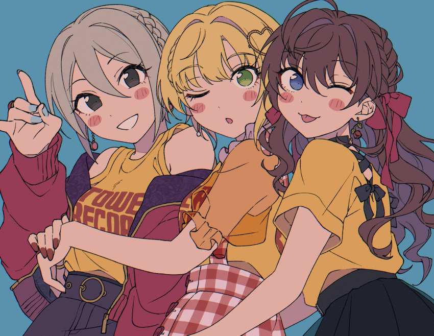 3girls :3 :o :p \m/ belt black_skirt blonde_hair blue_background blue_eyes blue_nails blush bow braid brown_hair closed_mouth commentary crown_braid earrings english_text green_eyes grey_hair hair_between_eyes hair_ornament hairbow heart heart_hair_ornament highres ichinose_shiki idolmaster idolmaster_cinderella_girls jacket jewelry long_hair miyamoto_frederica multiple_girls nail_polish niyororinpayamaru off_shoulder one_eye_closed open_mouth plaid plaid_skirt red_bow red_jacket red_nails red_skirt see-through see-through_sleeves shiomi_syuko short_hair short_sleeves simple_background skirt symbol-only_commentary tank_top tongue tongue_out tower_records upper_body white_skirt yellow_tank_top