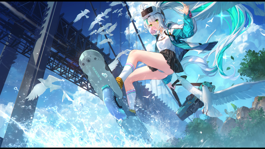 animal bandaid bandaid_on_cheek bandaid_on_face bird black_skirt blowing_bubbles blue_hair blue_panties blue_sky breasts chewing_gum cloud commentary day drawstring epinel_(nikke) facial_mark female goddess_of_victory:_nikke green_eyes highres holding hood hood_down hoodie long_hair looking_at_viewer medium_breasts multicolored_hair outdoors panties pleated_skirt ponytail shoes skirt sky socks solo star_(symbol) suspension_bridge swd3e2 symbol-only_commentary two-tone_hair underwear very_long_hair water white_hair white_hoodie white_socks yellow_footwear