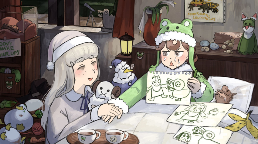 2girls ^_^ bag bags_under_eyes banana_peel bed bird bite_mark blush brown_hair calla_lily carrot chicken closed_eyes commentary crayon cup diva_(hyxpk) doll drawing drooling duck english_commentary english_text flower food freckles frog frog_hat froggy_nun_(diva) fur_trim green_hat green_pajamas green_shirt grey_hair grey_hat grey_shirt habit hat highres lantern leaf little_nuns_(diva) long_sleeves mallard multiple_girls nervous_sweating nightcap nightgown nightmare note nun on_bed ostrich pajamas paper_bag pillow poison_dart_frog popcorn sculpture sheep_nun_(diva) shelf shell shirt sitting sleeping steam stone stuffed_animal stuffed_sheep stuffed_snake stuffed_toy sweat tea teacup tears telescope terrarium traditional_nun tray under_covers upper_body vase waking_up white_flower wilted_flower window yarn yarn_ball