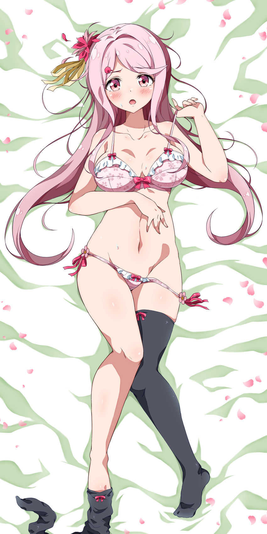 absurdres bed_sheet black_thighhighs blush bra breasts cleavage collarbone commentary_request commission dakimakura_(medium) eggman_(pixiv28975023) female floral_print flower_knight_girl frilled_bra frilled_panties frills from_above full_body hair_ribbon highres long_hair looking_at_viewer lying medium_breasts navel on_back open_mouth panties panty_pull petals pink_bra pink_eyes pink_hair pink_panties ribbon sangobana_(flower_knight_girl) side-tie_panties sidelocks single_thighhigh skeb_commission solo thighhighs thighs underwear unworn_legwear