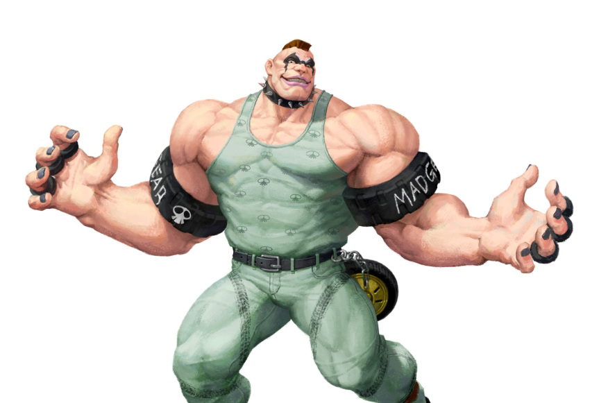 1boy abigail_(final_fight) belt bingoman bodysuit brass_knuckles collar eyeshadow feet_out_of_frame green_bodysuit highres huge_pectorals large_hands legs_apart makeup male_focus mohawk muscular muscular_male outstretched_arms pectoral_cleavage pectorals pink_lips sanpaku sidepec solo spiked_collar spikes spread_arms standing street_fighter street_fighter_v strongman_waist thick_arms weapon wrestling_outfit