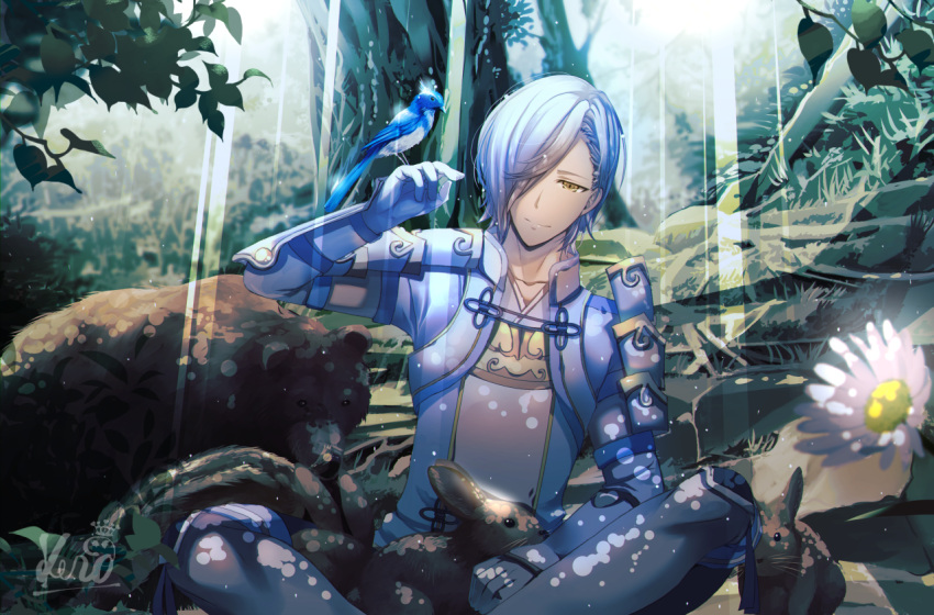 1boy animal animal_on_hand animal_on_lap armor bad_id bad_pixiv_id bird bird_on_hand blue_hair fire_emblem fire_emblem_fates flower forest hair_over_one_eye kero_sweet light_rays male_focus nature on_lap outdoors pauldrons petting rabbit shigure_(fire_emblem) shoulder_armor signature smile solo sunbeam sunlight swept_bangs yellow_eyes