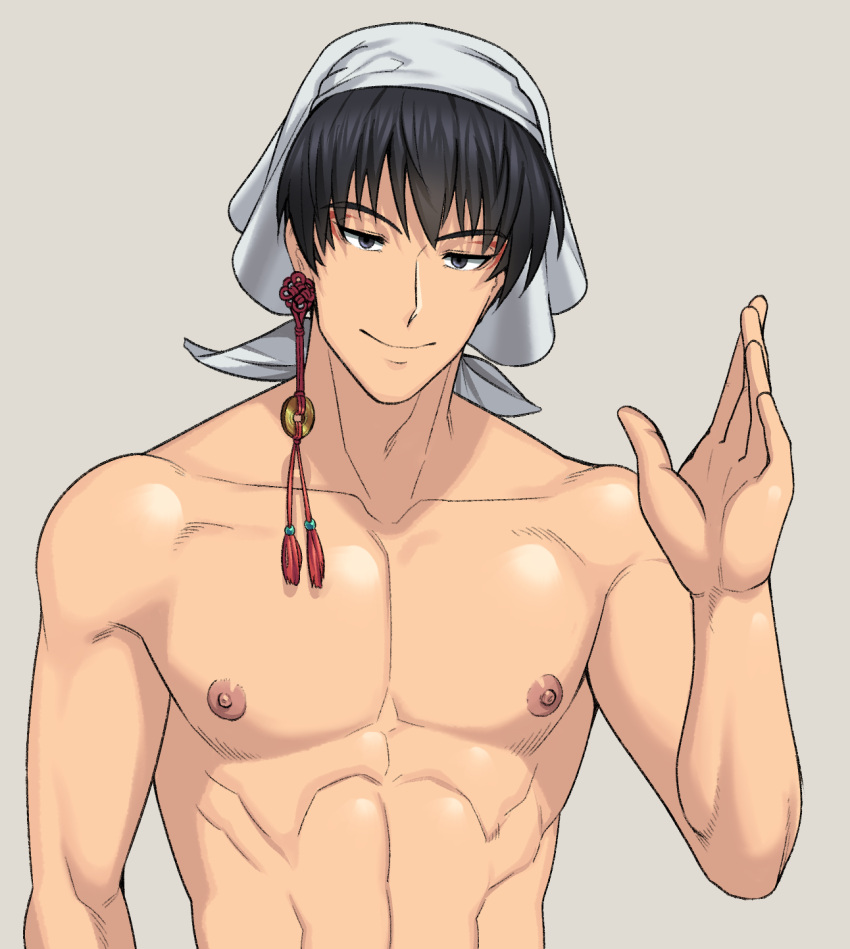 1boy abs arima_(arima_bn) biceps black_eyes black_hair ear_piercing earrings hakutaku_(hoozuki_no_reitetsu) hand_up headband highres hoozuki_no_reitetsu jewelry looking_at_viewer male_focus manly mature_male muscular muscular_male nipples pectorals piercing smile solo spiked_hair stud_earrings topless_male upper_body