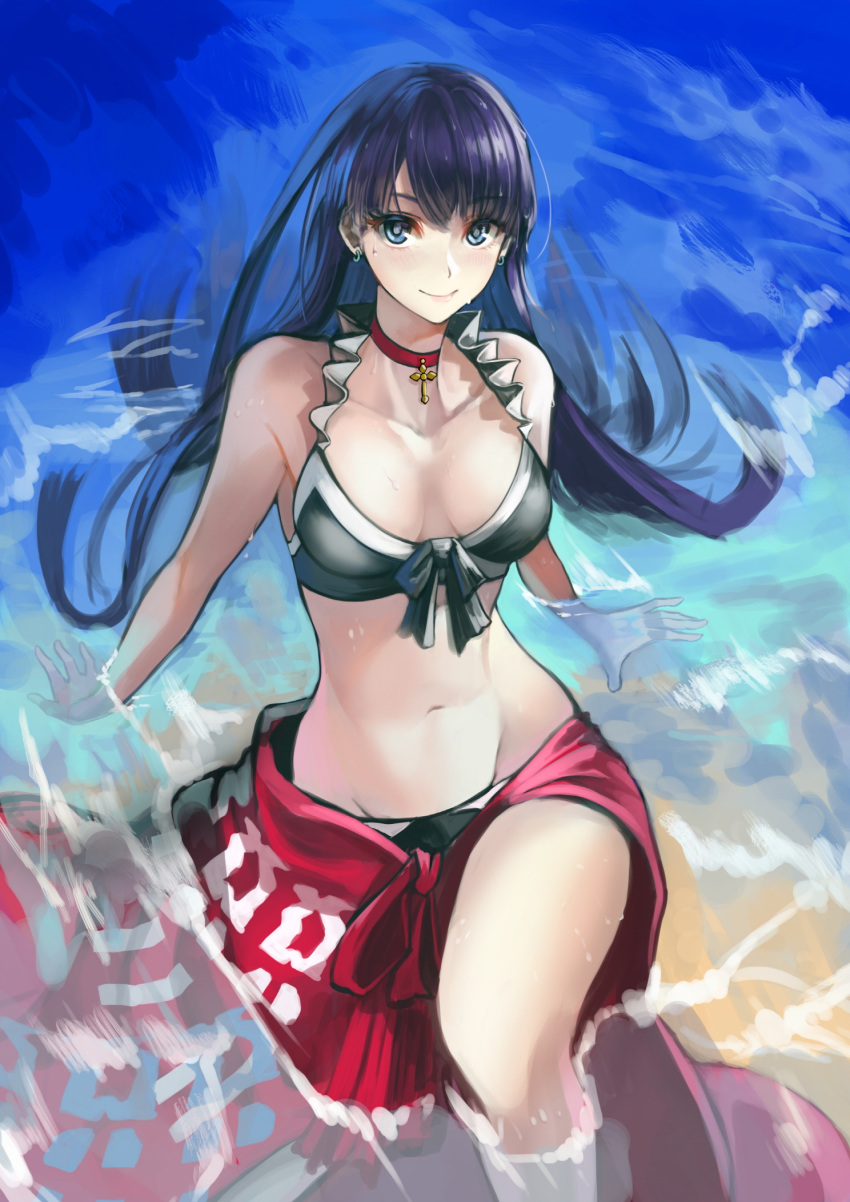 bare_shoulders beach bikini black_bikini blue_eyes blush breasts choker cleavage closed_mouth collarbone cross cross_choker earrings fate/grand_order fate_(series) female frilled_bikini frills haka_(djawnsgtlr) highres jewelry large_breasts leaning_back long_hair looking_at_viewer martha_(fate) martha_(swimsuit_ruler)_(fate) martha_(swimsuit_ruler)_(first_ascension)_(fate) navel outdoors photoshop_(medium) purple_hair sarong smile straight_hair swimsuit thighs water