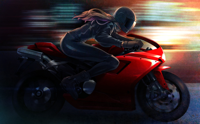 black_bodysuit black_footwear black_gloves bodysuit brown_hair dead_days female from_side game_cg gipsy_q gloves ground_vehicle helmet long_hair long_sleeves motion_blur motor_vehicle norizane riding solo straight_hair