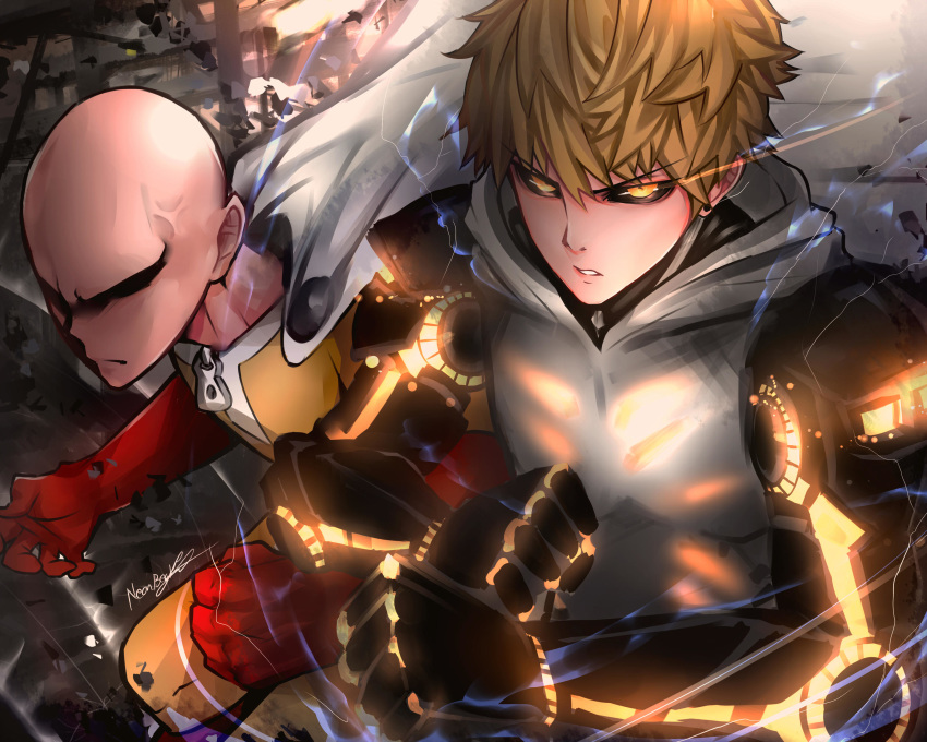 2boys bald blonde_hair bodysuit cape clenched_hands closed_mouth commentary earrings english_commentary genos gloves glowing glowing_eyes grey_hoodie hair_between_eyes highres hood hood_down hoodie jewelry looking_at_viewer male_focus multiple_boys neonbeat one-punch_man parted_lips red_gloves signature sleeveless sleeveless_hoodie steam white_cape yellow_bodysuit