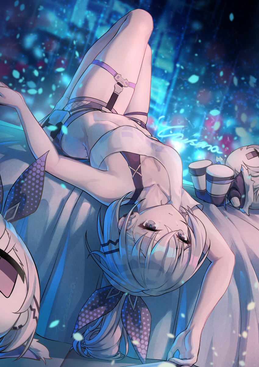 absurdres bare_arms breasts caisena character_doll commentary crop_top female grey_eyes grey_hair grey_shirt hair_ribbon highres honkai:_star_rail honkai_(series) knees_up lying midriff on_back purple_ribbon ribbon shirt silver_wolf_(honkai:_star_rail) single-shoulder_shirt single_bare_shoulder single_sleeve small_breasts thigh_strap thighs white_shirt