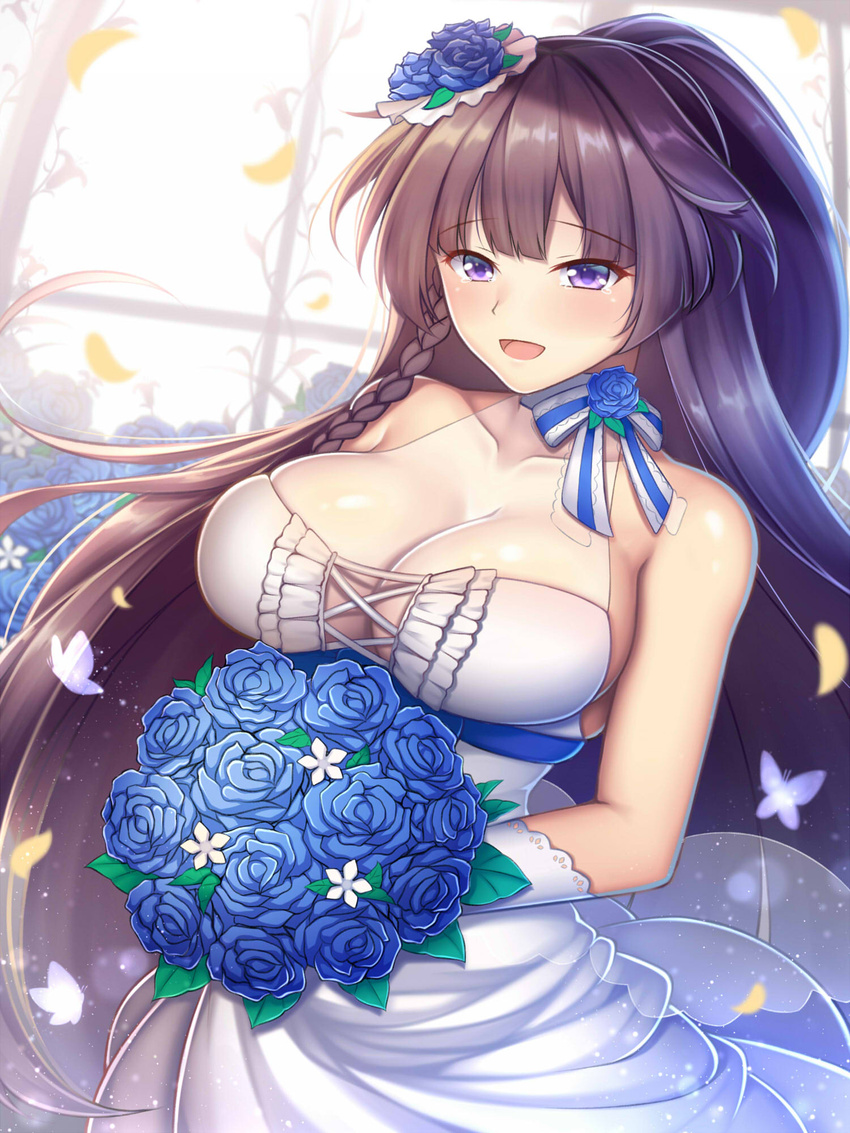 :d bare_shoulders blue_butterfly blue_flower blue_rose bouquet braid breasts bridal_veil bug butterfly cleavage dress female flower gloves guardian-panda hair_between_eyes hair_flower hair_ornament highres holding holding_bouquet honkai_(series) honkai_impact_3rd indoors large_breasts open_mouth ponytail purple_eyes purple_hair raiden_mei raiden_mei_(valkyrie_bladestrike) rose smile solo veil wedding_dress white_dress white_gloves window