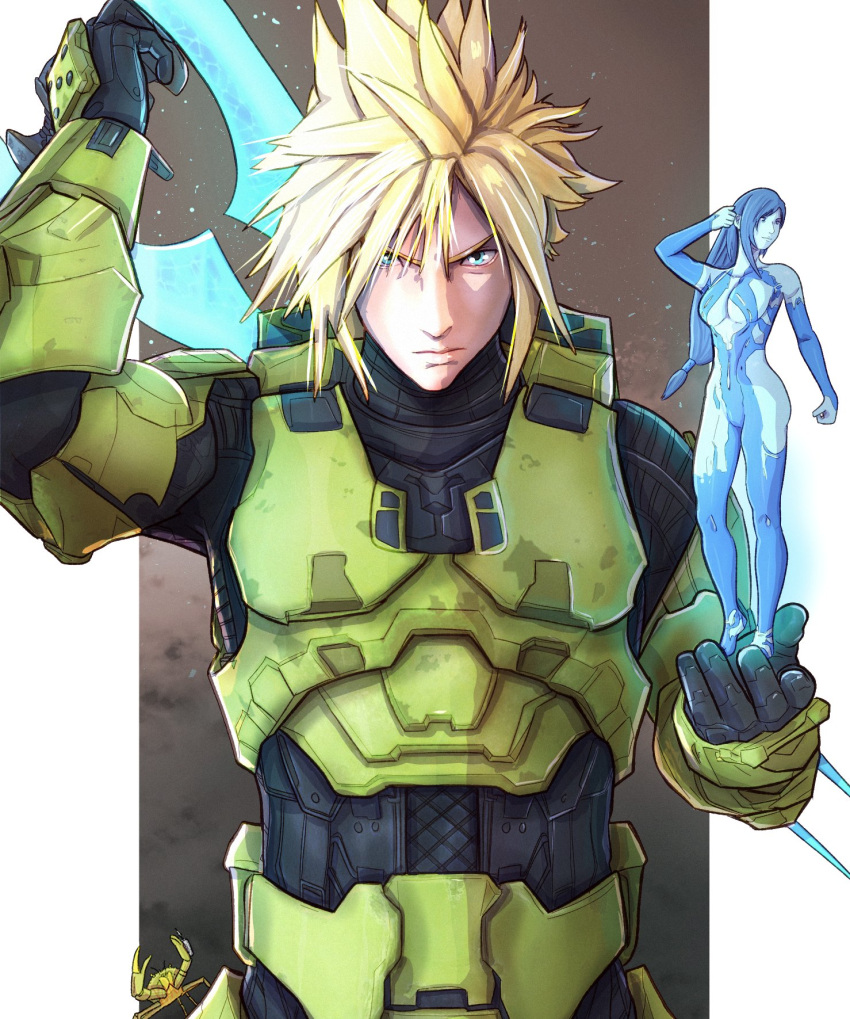 1boy aqua_eyes armor bad_id bad_twitter_id black_bodysuit blonde_hair blue_hair blue_skin bodypaint bodysuit breasts cloud_strife colored_skin cortana cortana_(cosplay) cosplay crab energy_sword female final_fantasy final_fantasy_vii final_fantasy_vii_remake halo_(series) halo_infinite highres holding holding_sword holding_weapon hologram large_breasts long_hair low-tied_long_hair master_chief master_chief_(cosplay) mini_person minigirl no_headwear painted_clothes power_armor power_suit serious spartan_(halo) spiked_hair sword tifa_lockhart type-1_energy_sword weapon weapon_on_back yoracrab